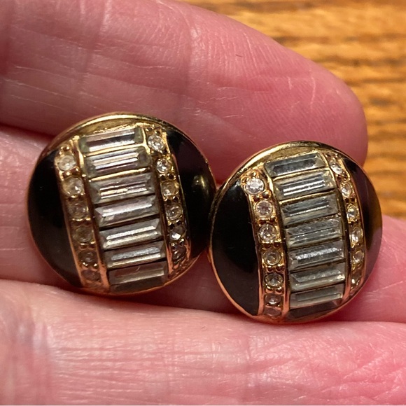 Vintage Monet .75” Black w/Faux Diamonds Gold Tone Accent Pierced Back Earrings - Picture 2 of 6